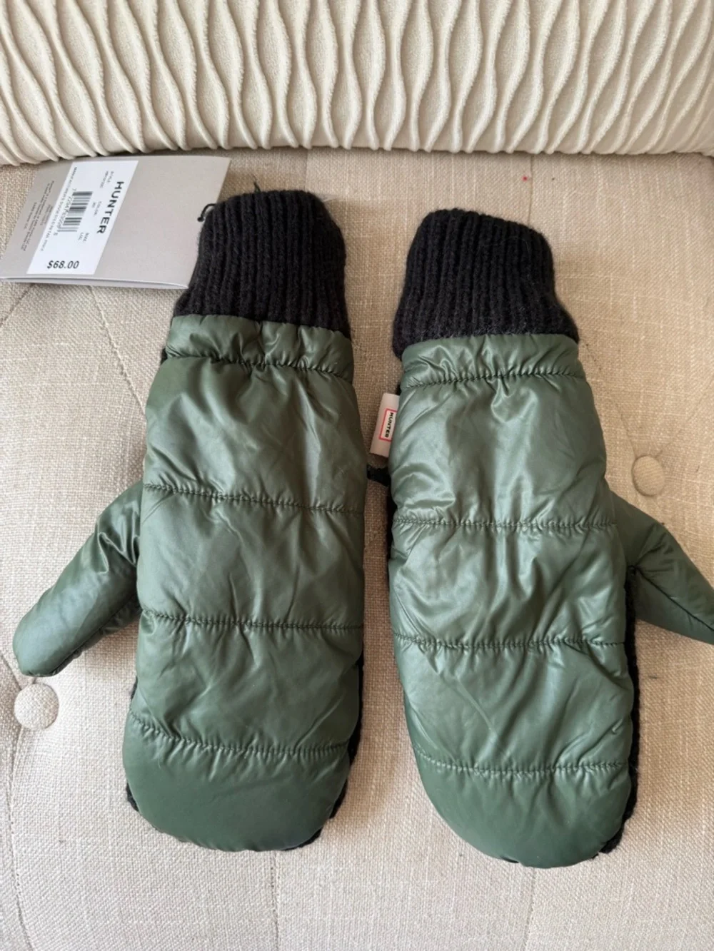Hunter Fleece Lined Puffer Knit Mittens Olive Green Black L/XL
